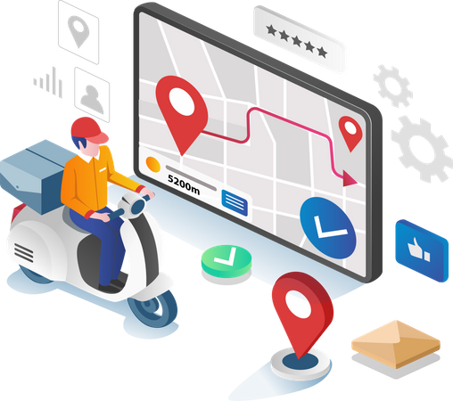 Homme livrant un colis avec les directions de l'application GPS  Illustration