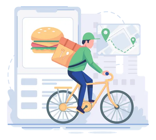 Homme livrant de la nourriture à vélo  Illustration