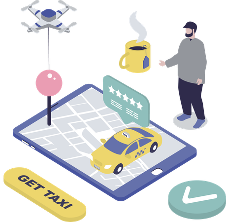 Un homme réserve un taxi en ligne  Illustration
