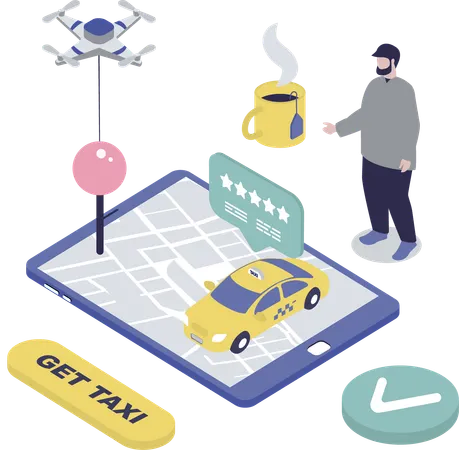 Un homme réserve un taxi en ligne  Illustration