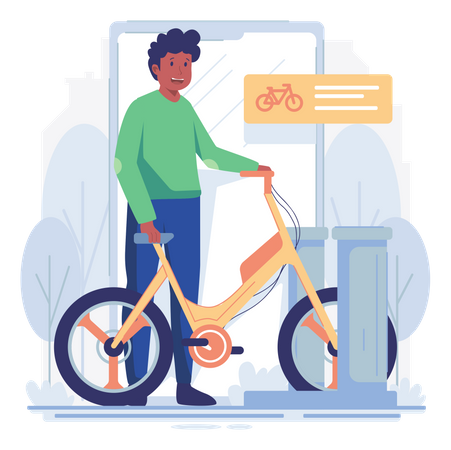 Homme louant un vélo à l'aide d'une application de location  Illustration