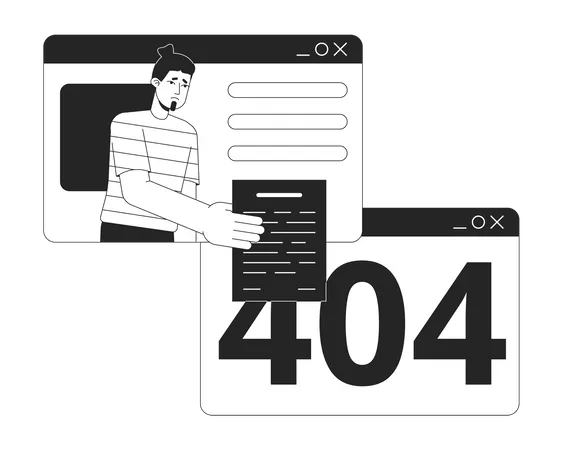 L'homme remet le blanc pour parcourir l'erreur 404 de la fenêtre  Illustration