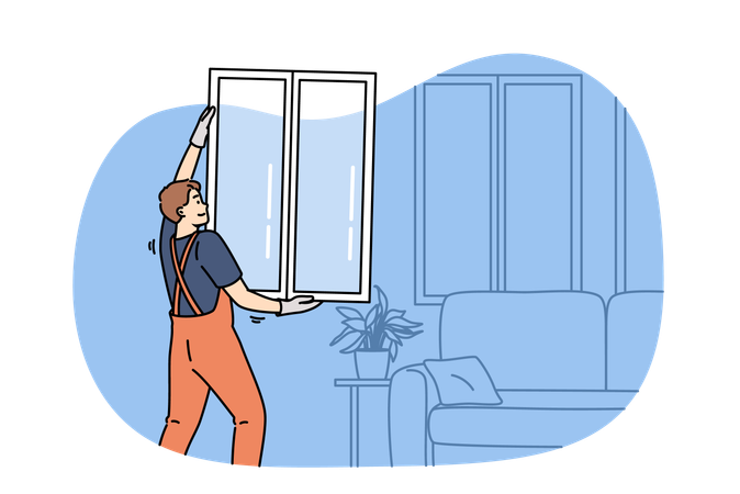 Homme maître changeant de fenêtre dans l'appartement tenant le battant dans les mains debout près du canapé  Illustration