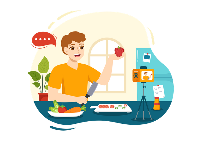 Un homme qui crée un blog de cuisine  Illustration