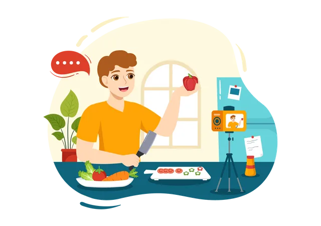 Un homme qui crée un blog de cuisine  Illustration