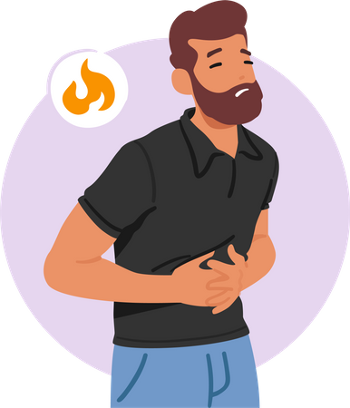 Homme malade éprouvant un inconfort intense à l'estomac et des sensations de brûlure  Illustration