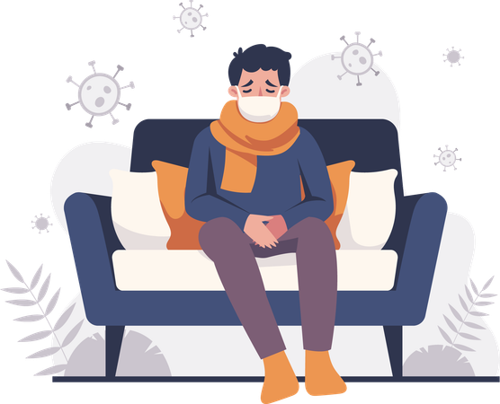 Homme malade et assis sur un canapé  Illustration