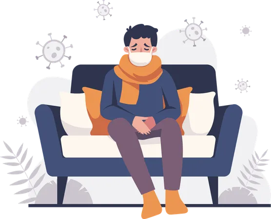 Homme malade et assis sur un canapé  Illustration