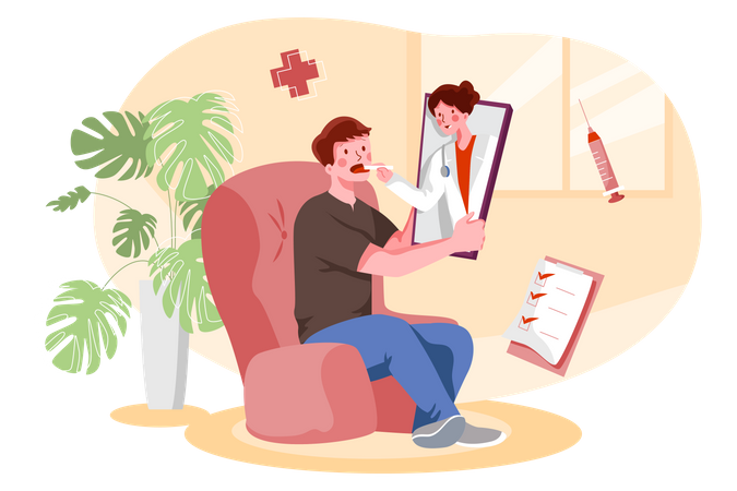 Homme malade prenant une consultation de santé en ligne  Illustration