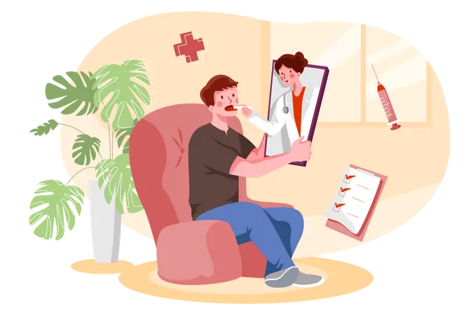 Homme malade prenant une consultation de santé en ligne  Illustration