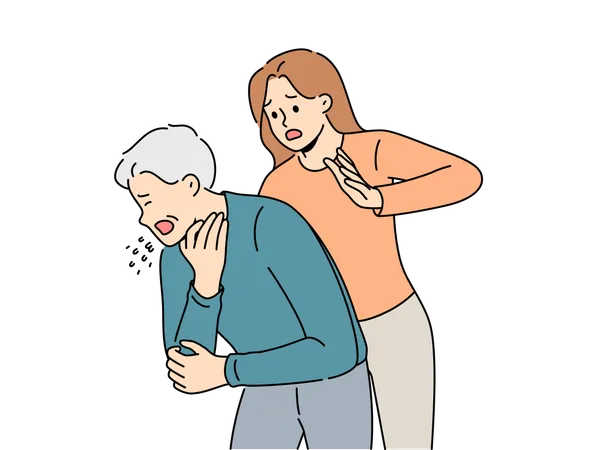 Un homme malade s'est étouffé avec de la nourriture et a toussé debout près d'une fille prête à faire une manœuvre de Heimlich  Illustration