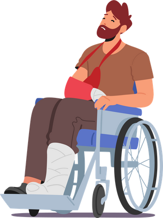 Homme malheureux avec fracture de la jambe assis sur un fauteuil roulant  Illustration