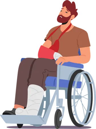 Homme malheureux avec fracture de la jambe assis sur un fauteuil roulant  Illustration