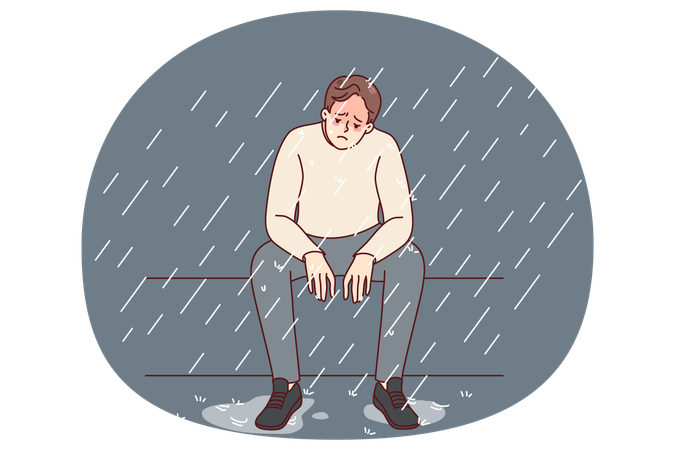 Homme malheureux sous la pluie se sentant déprimé  Illustration