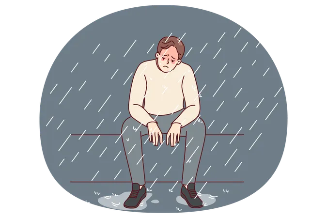 Homme malheureux sous la pluie se sentant déprimé  Illustration