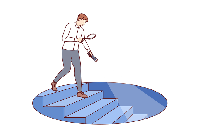 Le responsable de l'homme effectue une analyse approfondie de l'entreprise pour trouver des avantages stratégiques en descendant les escaliers  Illustration