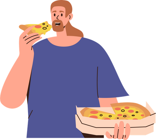 Homme mangeant une pizza italienne fraîche de la boîte  Illustration