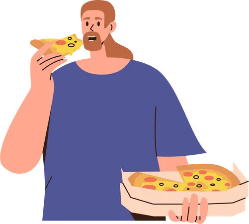 Homme mangeant une pizza italienne fraîche de la boîte  Illustration