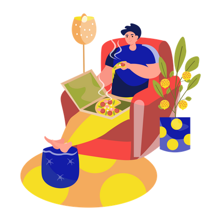 Homme mangeant de la pizza assis sur une chaise dans le salon  Illustration