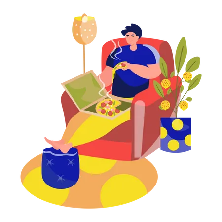 Homme mangeant de la pizza assis sur une chaise dans le salon  Illustration