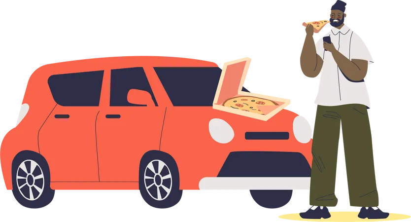 Homme mangeant de la pizza au capot de la voiture  Illustration