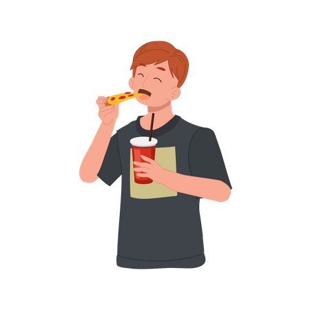 Homme mangeant de la pizza et tenant un verre de boisson gazeuse  Illustration