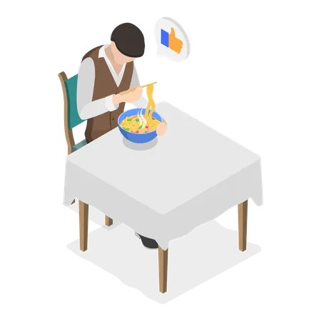 Homme mangeant de la soupe avec des nouilles  Illustration