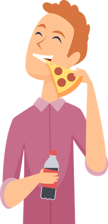 Homme mangeant de la pizza et buvant une boisson froide  Illustration