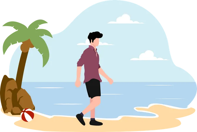 Homme qui marche sur la plage  Illustration