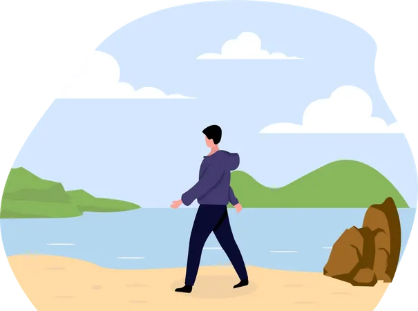 Homme qui marche sur la plage  Illustration