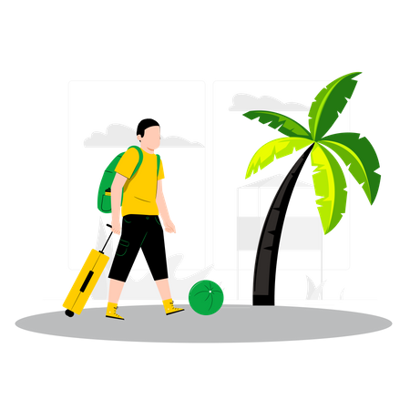 Homme marchant avec des bagages à la plage  Illustration