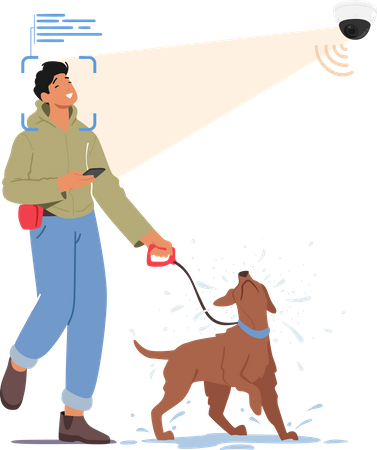 Homme marchant avec un chien et un système de reconnaissance faciale  Illustration