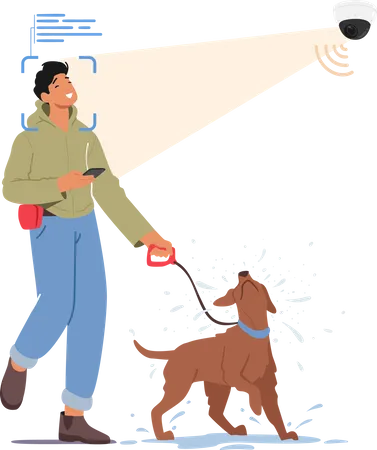 Homme marchant avec un chien et un système de reconnaissance faciale  Illustration