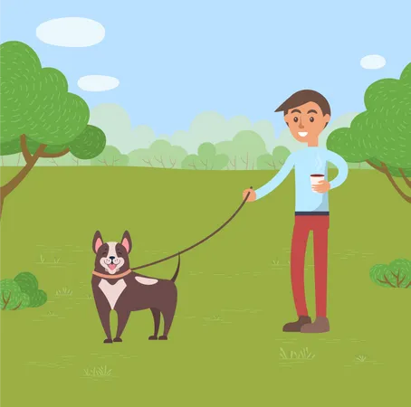 Homme qui marche avec un chien et une tasse de café  Illustration