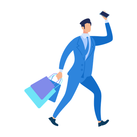 Homme marchant avec des sacs à provisions et un smartphone  Illustration
