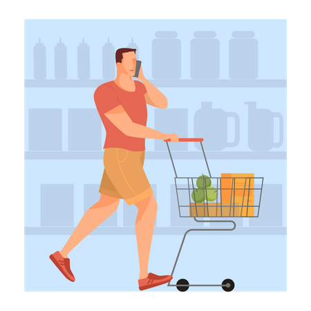 Homme marchant avec panier dans un supermarché  Illustration