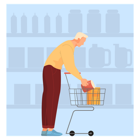 Homme marchant avec panier dans un supermarché  Illustration