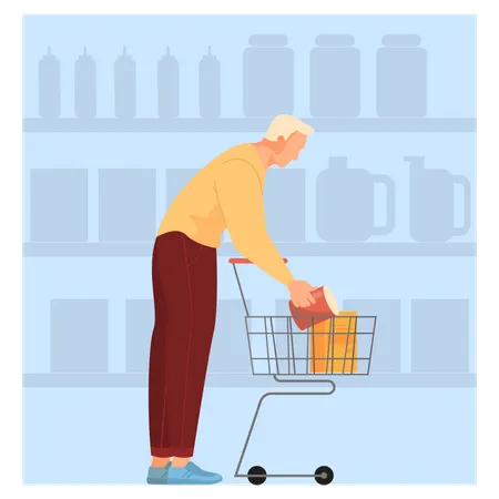 Homme marchant avec panier dans un supermarché  Illustration