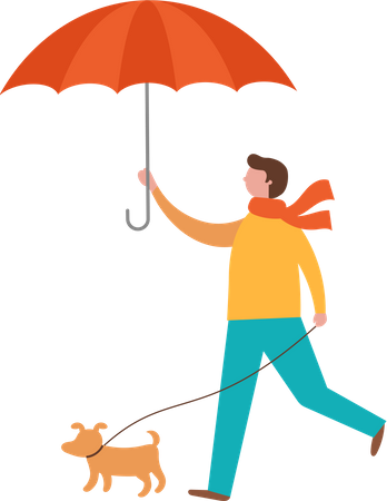 Homme marchant avec son chien tout en tenant un parapluie  Illustration