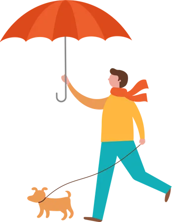 Homme marchant avec son chien tout en tenant un parapluie  Illustration