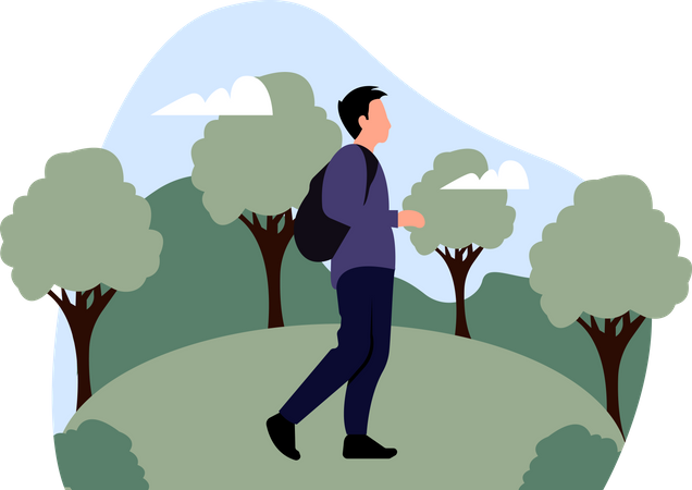 Homme qui marche dans la forêt  Illustration