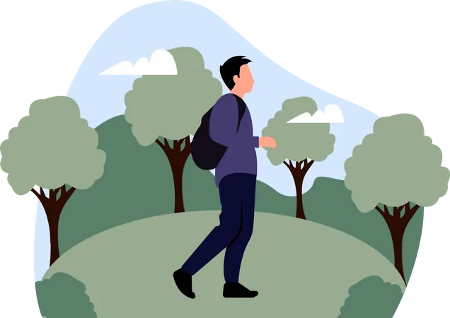 Homme qui marche dans la forêt  Illustration