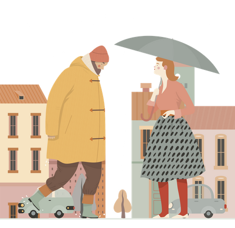 Homme marchant en imperméable et femme tenant un parapluie  Illustration