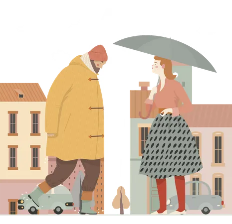 Homme marchant en imperméable et femme tenant un parapluie  Illustration