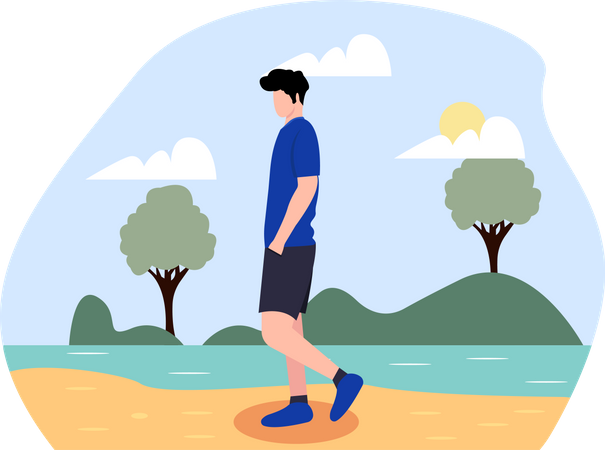 Homme qui marche près de la plage  Illustration