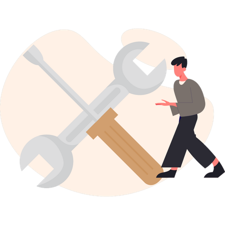 Homme marchant près d'un outil de réparation  Illustration