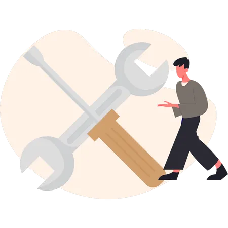 Homme marchant près d'un outil de réparation  Illustration