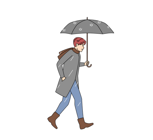 Homme marchant sous la pluie avec un parapluie  Illustration