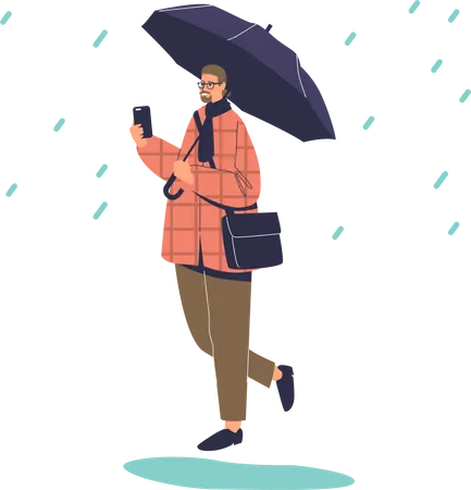 Homme marchant sous la pluie tenant un parapluie  Illustration