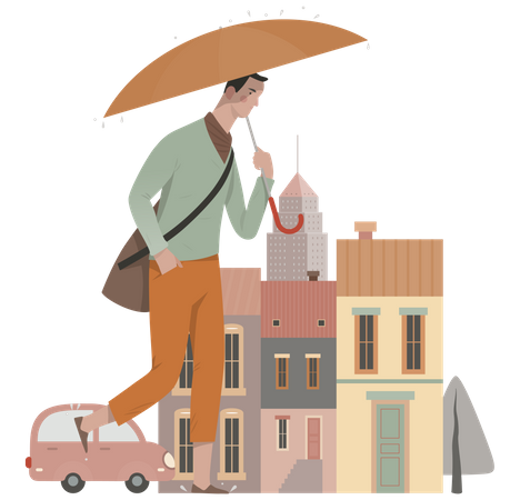 Homme marchant le jour de pluie  Illustration